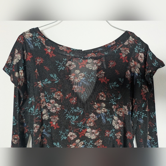 Free People EUC Womens Size Xs 3/4 Sleeve Floral Black Red Blouse Shirt Top Boho - Picture 4 of 14